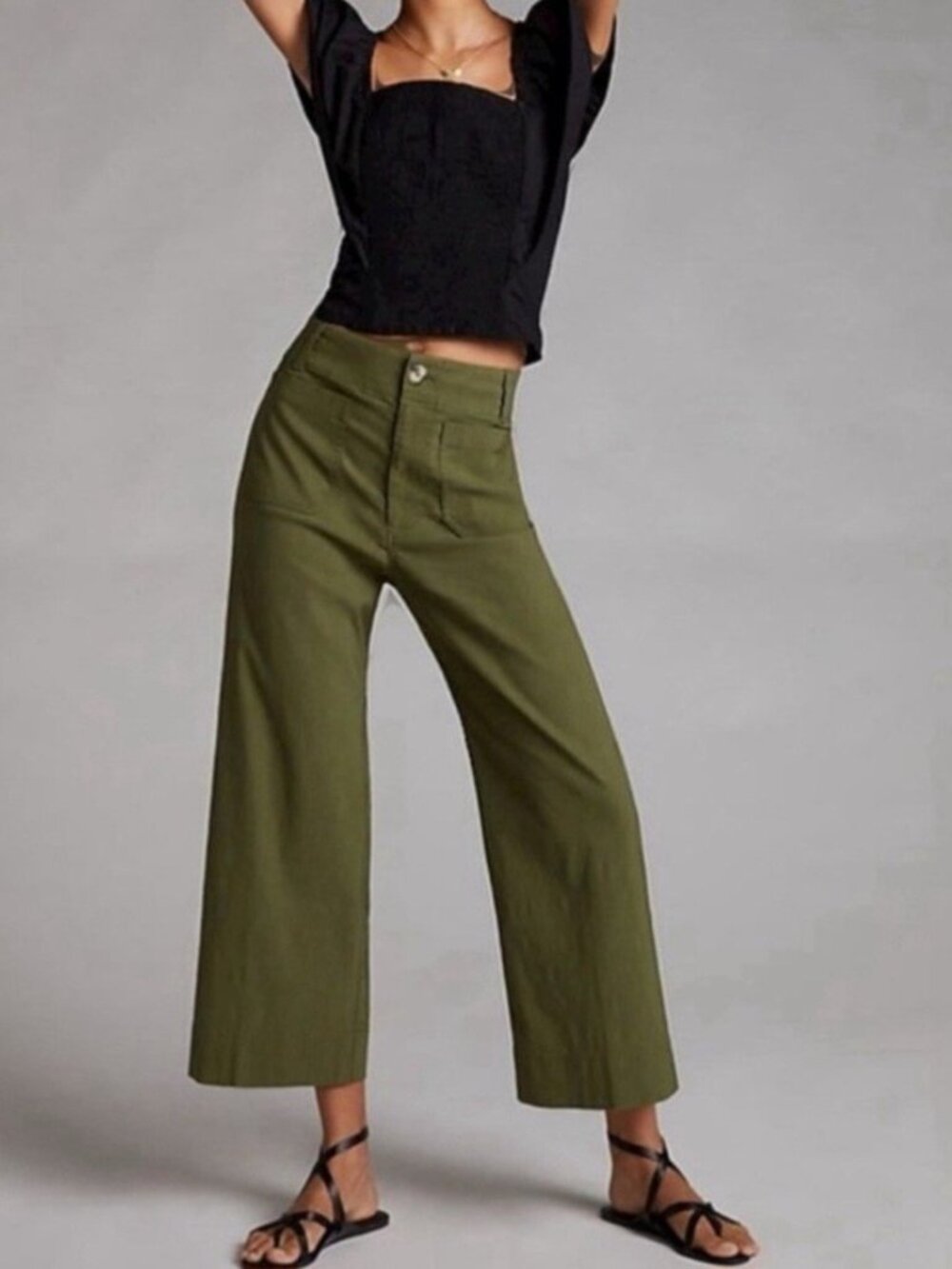 Anthropologie Maeve The Colette Pants Wide Leg Crop Olive Green Linen Size 27